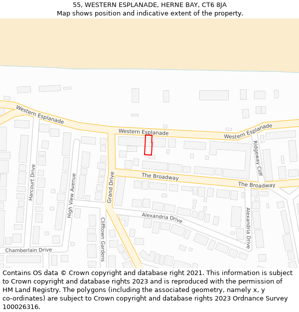 55, WESTERN ESPLANADE, HERNE BAY, CT6 8JA: Location map and indicative extent of plot