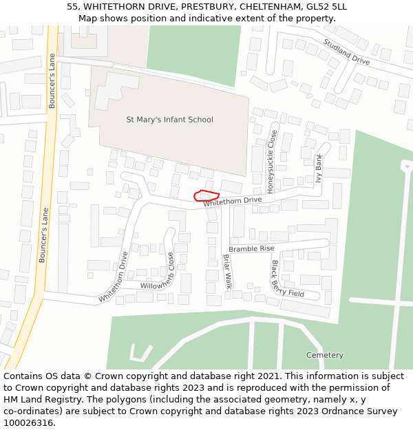 55, WHITETHORN DRIVE, PRESTBURY, CHELTENHAM, GL52 5LL: Location map and indicative extent of plot