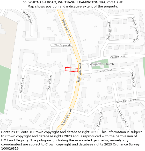 55, WHITNASH ROAD, WHITNASH, LEAMINGTON SPA, CV31 2HF: Location map and indicative extent of plot