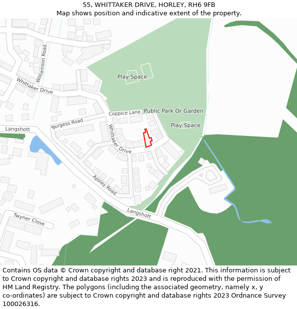 55, WHITTAKER DRIVE, HORLEY, RH6 9FB: Location map and indicative extent of plot