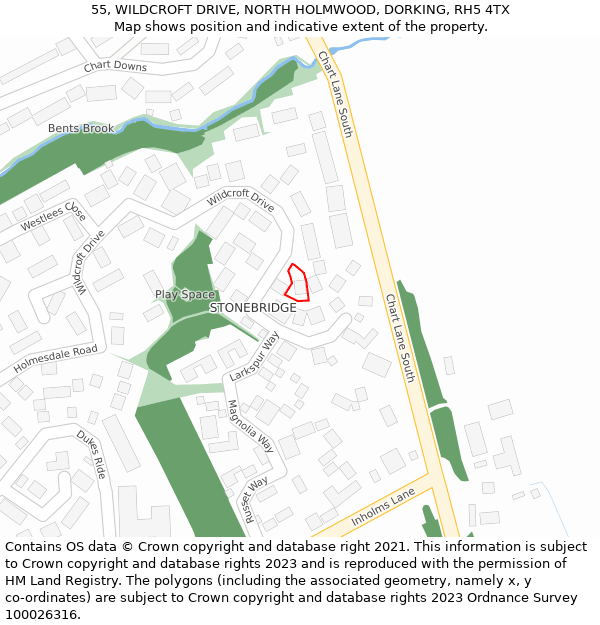 55, WILDCROFT DRIVE, NORTH HOLMWOOD, DORKING, RH5 4TX: Location map and indicative extent of plot