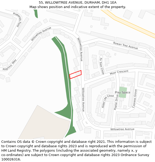 55, WILLOWTREE AVENUE, DURHAM, DH1 1EA: Location map and indicative extent of plot