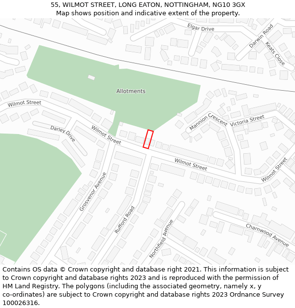 55, WILMOT STREET, LONG EATON, NOTTINGHAM, NG10 3GX: Location map and indicative extent of plot