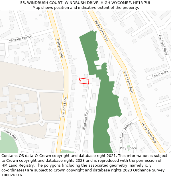 55, WINDRUSH COURT, WINDRUSH DRIVE, HIGH WYCOMBE, HP13 7UL: Location map and indicative extent of plot