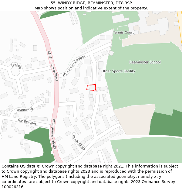 55, WINDY RIDGE, BEAMINSTER, DT8 3SP: Location map and indicative extent of plot