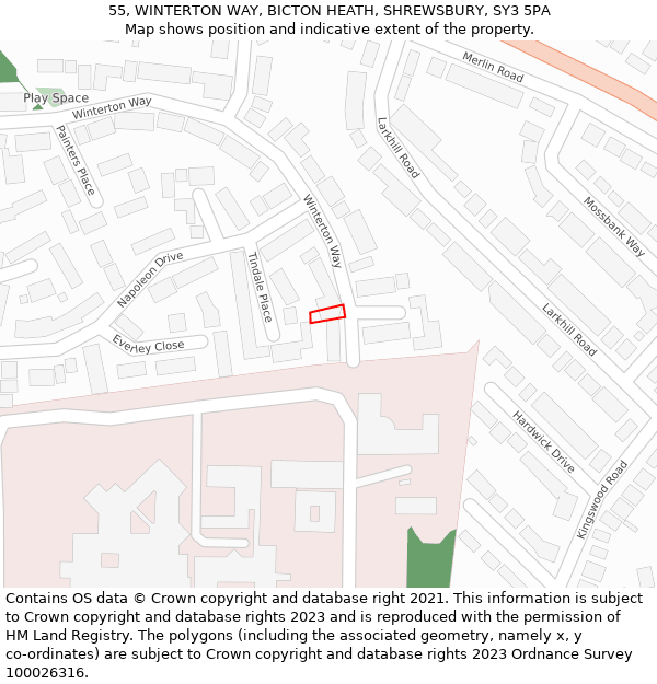 55, WINTERTON WAY, BICTON HEATH, SHREWSBURY, SY3 5PA: Location map and indicative extent of plot