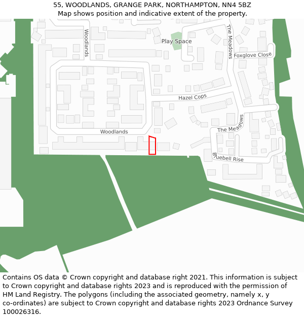 55, WOODLANDS, GRANGE PARK, NORTHAMPTON, NN4 5BZ: Location map and indicative extent of plot