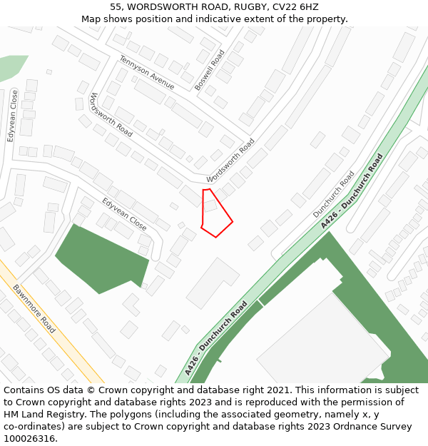 55, WORDSWORTH ROAD, RUGBY, CV22 6HZ: Location map and indicative extent of plot