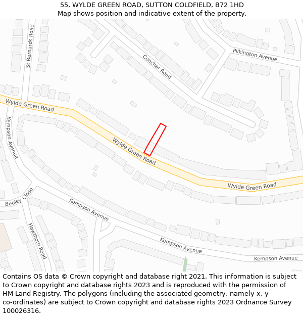 55, WYLDE GREEN ROAD, SUTTON COLDFIELD, B72 1HD: Location map and indicative extent of plot