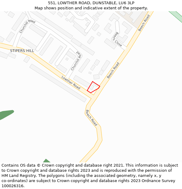 551, LOWTHER ROAD, DUNSTABLE, LU6 3LP: Location map and indicative extent of plot