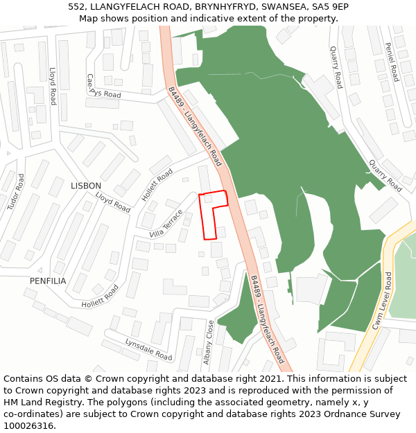 552, LLANGYFELACH ROAD, BRYNHYFRYD, SWANSEA, SA5 9EP: Location map and indicative extent of plot