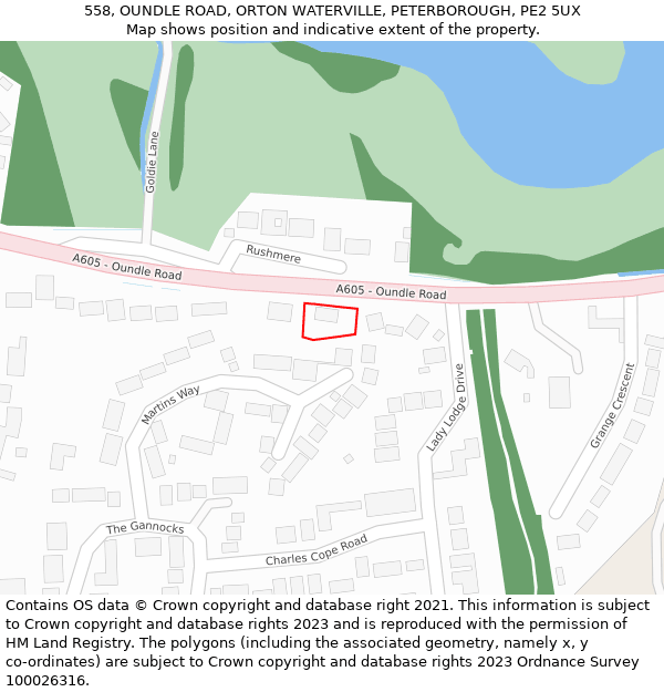 558, OUNDLE ROAD, ORTON WATERVILLE, PETERBOROUGH, PE2 5UX: Location map and indicative extent of plot