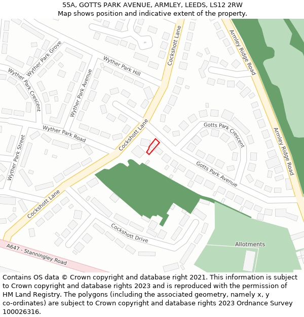 55A, GOTTS PARK AVENUE, ARMLEY, LEEDS, LS12 2RW: Location map and indicative extent of plot