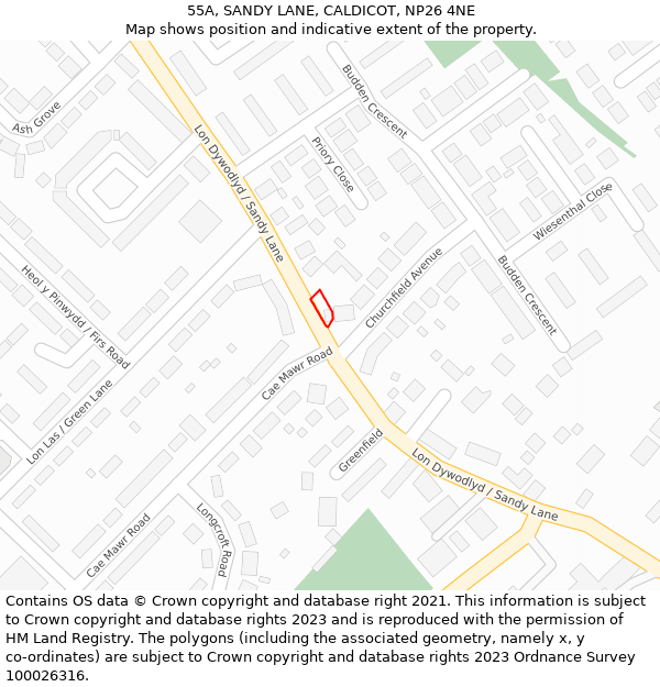 55A, SANDY LANE, CALDICOT, NP26 4NE: Location map and indicative extent of plot