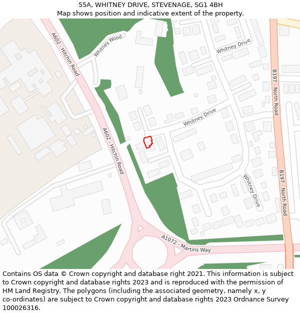 55A, WHITNEY DRIVE, STEVENAGE, SG1 4BH: Location map and indicative extent of plot