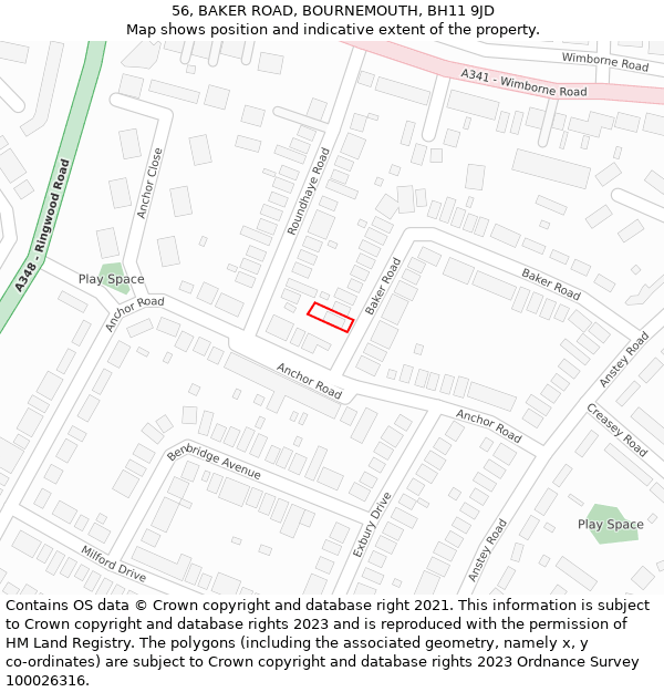 56, BAKER ROAD, BOURNEMOUTH, BH11 9JD: Location map and indicative extent of plot