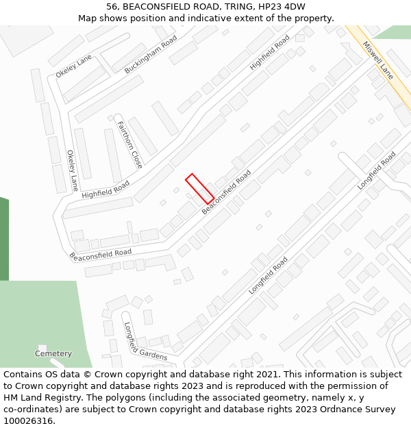 56, BEACONSFIELD ROAD, TRING, HP23 4DW: Location map and indicative extent of plot