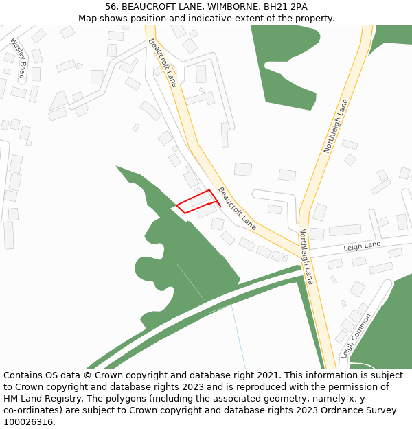 56, BEAUCROFT LANE, WIMBORNE, BH21 2PA: Location map and indicative extent of plot
