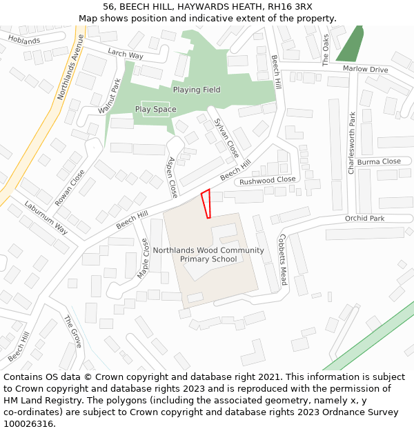 56, BEECH HILL, HAYWARDS HEATH, RH16 3RX: Location map and indicative extent of plot