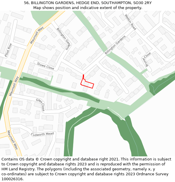 56, BILLINGTON GARDENS, HEDGE END, SOUTHAMPTON, SO30 2RY: Location map and indicative extent of plot