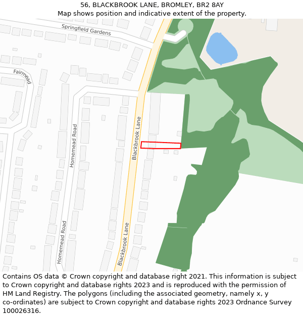 56, BLACKBROOK LANE, BROMLEY, BR2 8AY: Location map and indicative extent of plot
