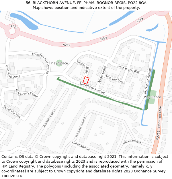 56, BLACKTHORN AVENUE, FELPHAM, BOGNOR REGIS, PO22 8GA: Location map and indicative extent of plot