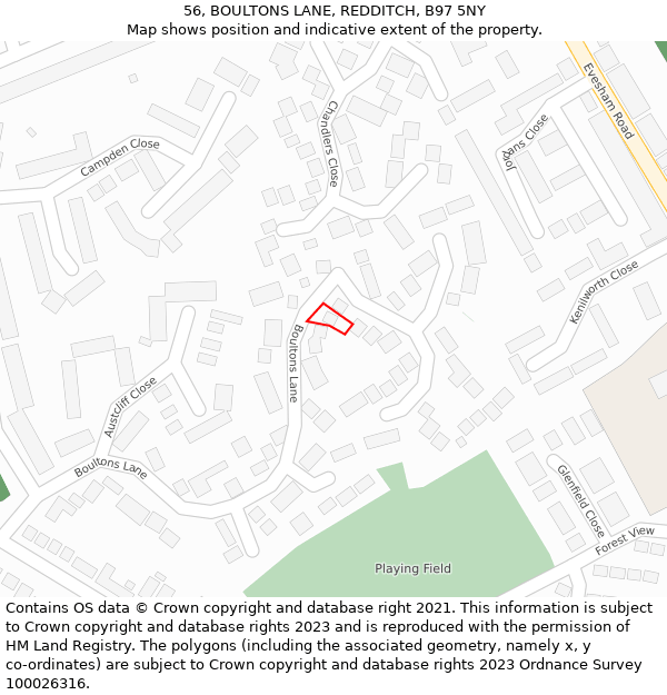 56, BOULTONS LANE, REDDITCH, B97 5NY: Location map and indicative extent of plot