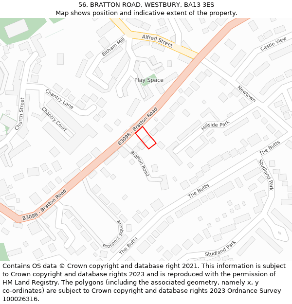 56, BRATTON ROAD, WESTBURY, BA13 3ES: Location map and indicative extent of plot