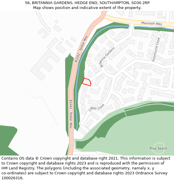 56, BRITANNIA GARDENS, HEDGE END, SOUTHAMPTON, SO30 2RP: Location map and indicative extent of plot