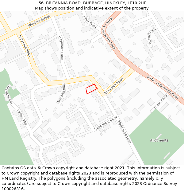 56, BRITANNIA ROAD, BURBAGE, HINCKLEY, LE10 2HF: Location map and indicative extent of plot