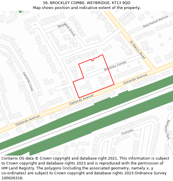 56, BROCKLEY COMBE, WEYBRIDGE, KT13 9QD: Location map and indicative extent of plot