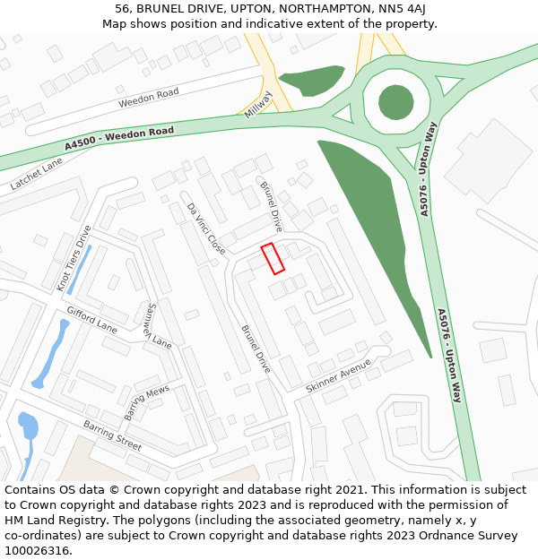 56, BRUNEL DRIVE, UPTON, NORTHAMPTON, NN5 4AJ: Location map and indicative extent of plot