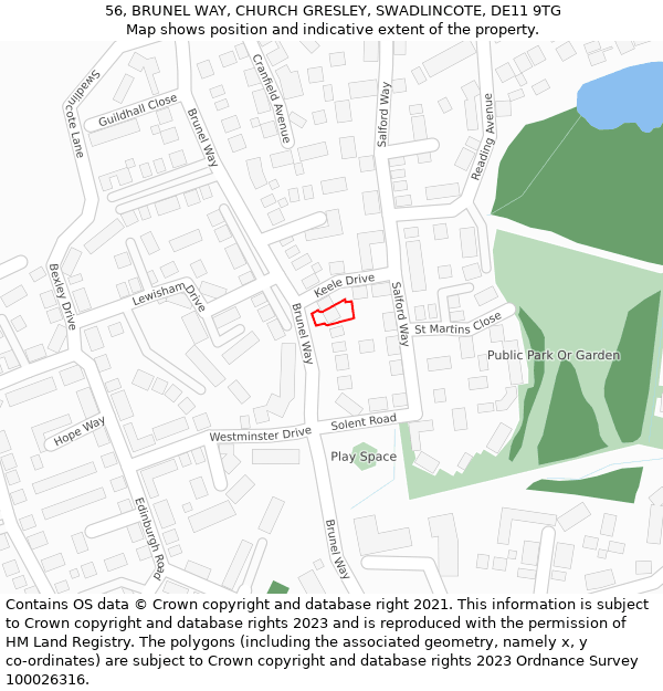 56, BRUNEL WAY, CHURCH GRESLEY, SWADLINCOTE, DE11 9TG: Location map and indicative extent of plot