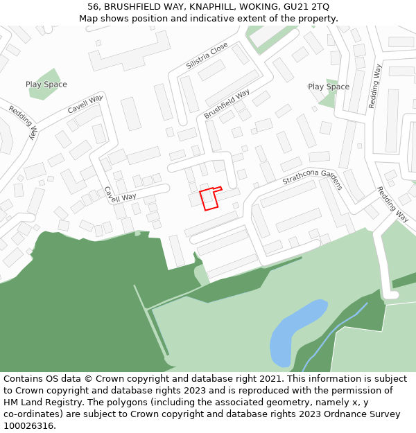 56, BRUSHFIELD WAY, KNAPHILL, WOKING, GU21 2TQ: Location map and indicative extent of plot