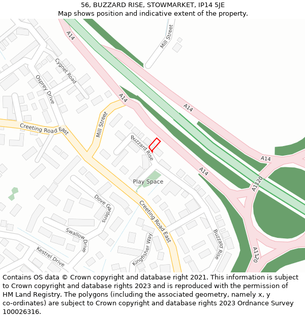 56, BUZZARD RISE, STOWMARKET, IP14 5JE: Location map and indicative extent of plot