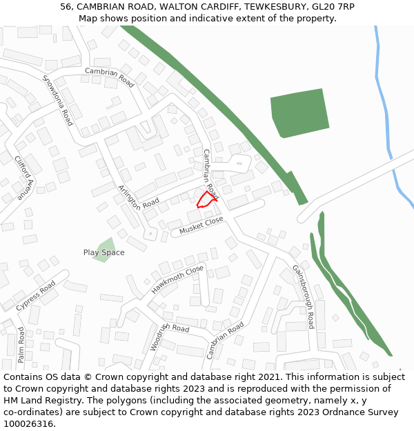 56, CAMBRIAN ROAD, WALTON CARDIFF, TEWKESBURY, GL20 7RP: Location map and indicative extent of plot