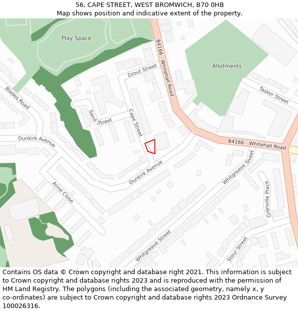 56, CAPE STREET, WEST BROMWICH, B70 0HB: Location map and indicative extent of plot
