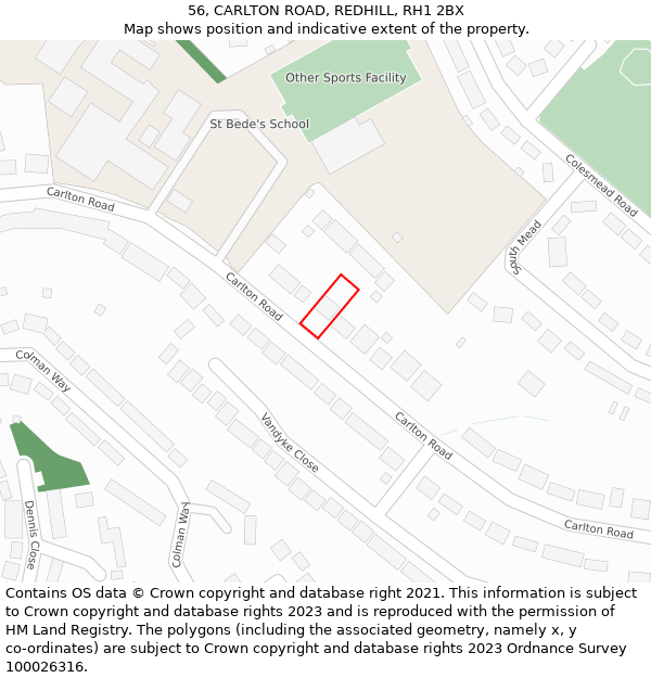 56, CARLTON ROAD, REDHILL, RH1 2BX: Location map and indicative extent of plot