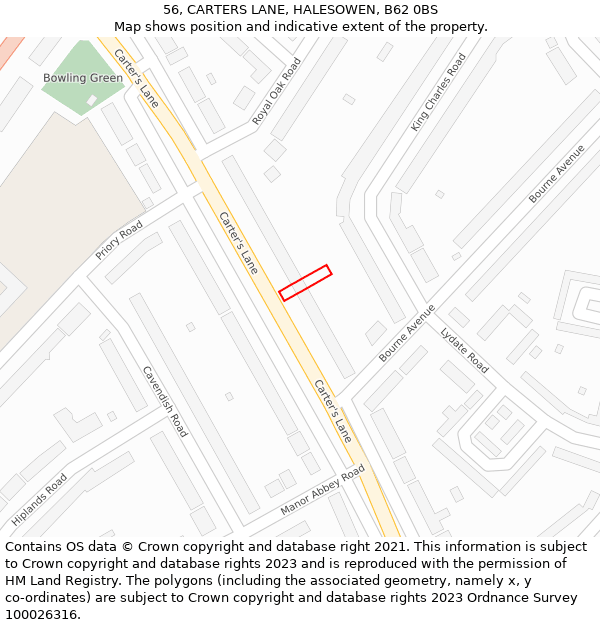 56, CARTERS LANE, HALESOWEN, B62 0BS: Location map and indicative extent of plot