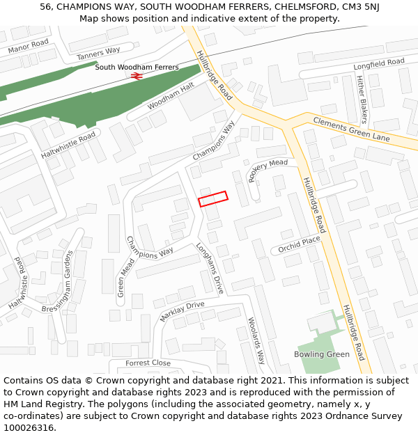 56, CHAMPIONS WAY, SOUTH WOODHAM FERRERS, CHELMSFORD, CM3 5NJ: Location map and indicative extent of plot