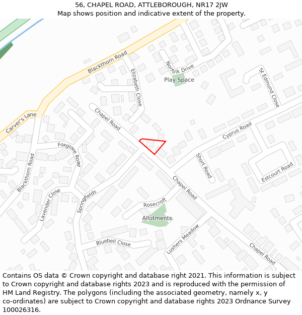 56, CHAPEL ROAD, ATTLEBOROUGH, NR17 2JW: Location map and indicative extent of plot