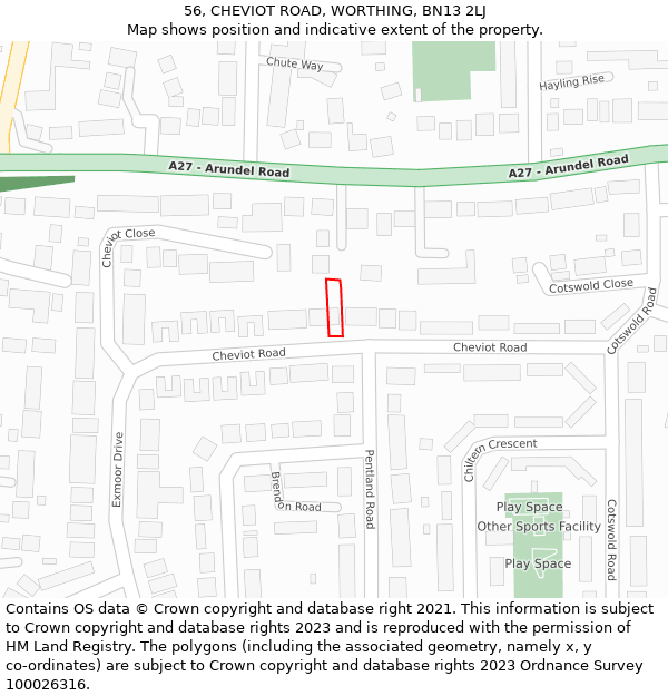 56, CHEVIOT ROAD, WORTHING, BN13 2LJ: Location map and indicative extent of plot