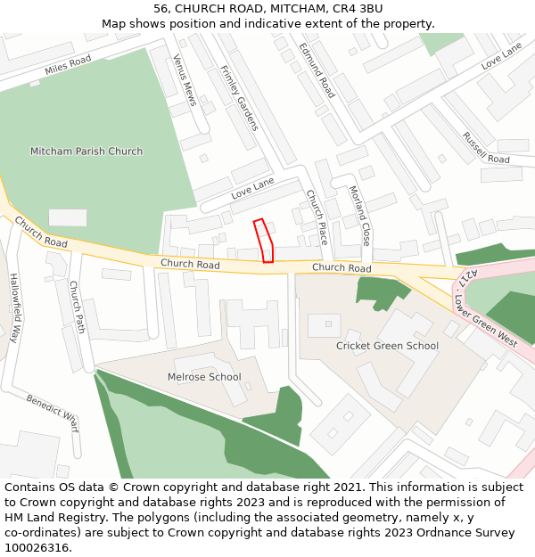 56, CHURCH ROAD, MITCHAM, CR4 3BU: Location map and indicative extent of plot