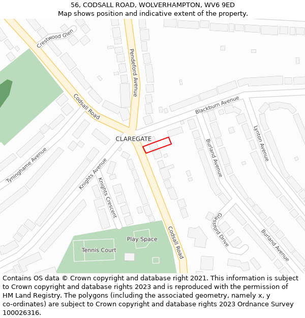 56, CODSALL ROAD, WOLVERHAMPTON, WV6 9ED: Location map and indicative extent of plot