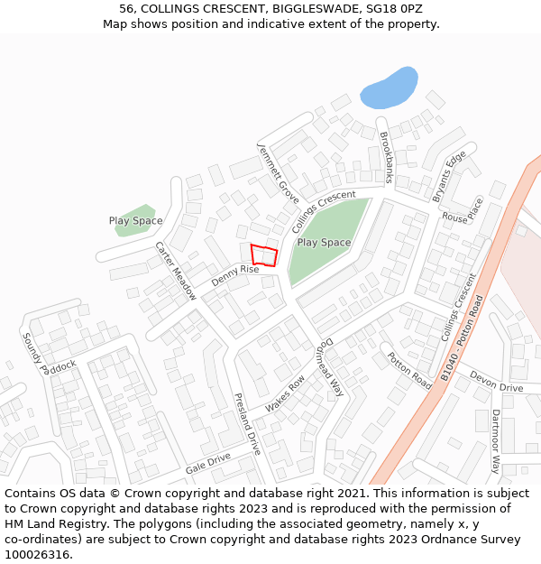 56, COLLINGS CRESCENT, BIGGLESWADE, SG18 0PZ: Location map and indicative extent of plot