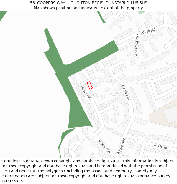 56, COOPERS WAY, HOUGHTON REGIS, DUNSTABLE, LU5 5US: Location map and indicative extent of plot