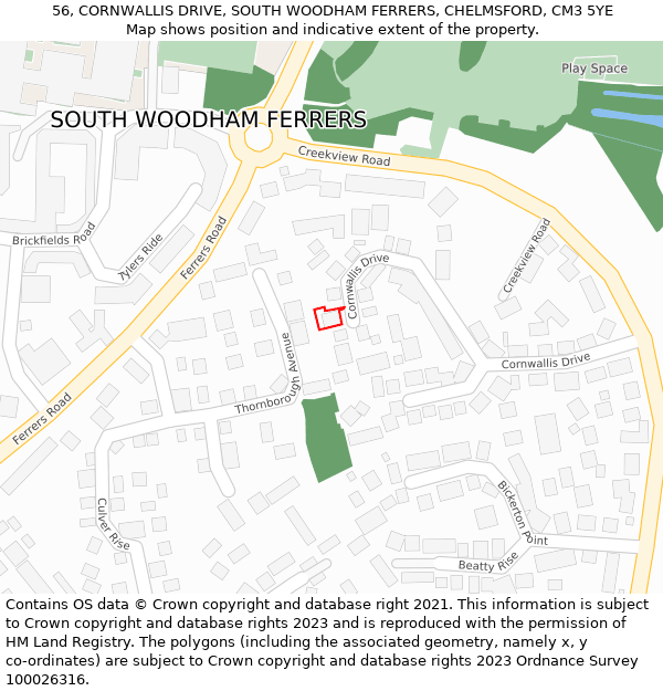 56, CORNWALLIS DRIVE, SOUTH WOODHAM FERRERS, CHELMSFORD, CM3 5YE: Location map and indicative extent of plot