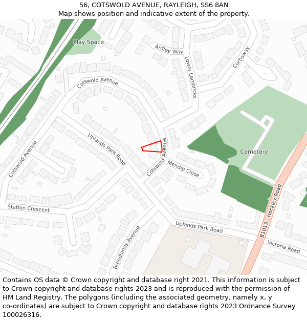 56, COTSWOLD AVENUE, RAYLEIGH, SS6 8AN: Location map and indicative extent of plot