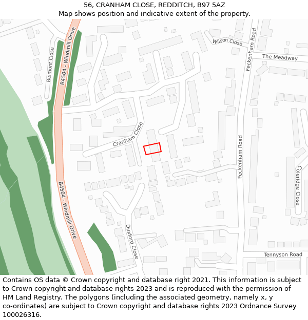 56, CRANHAM CLOSE, REDDITCH, B97 5AZ: Location map and indicative extent of plot