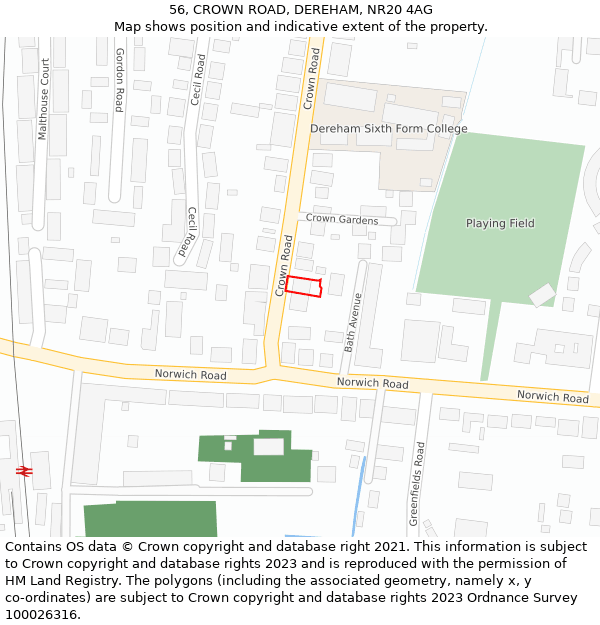 56, CROWN ROAD, DEREHAM, NR20 4AG: Location map and indicative extent of plot